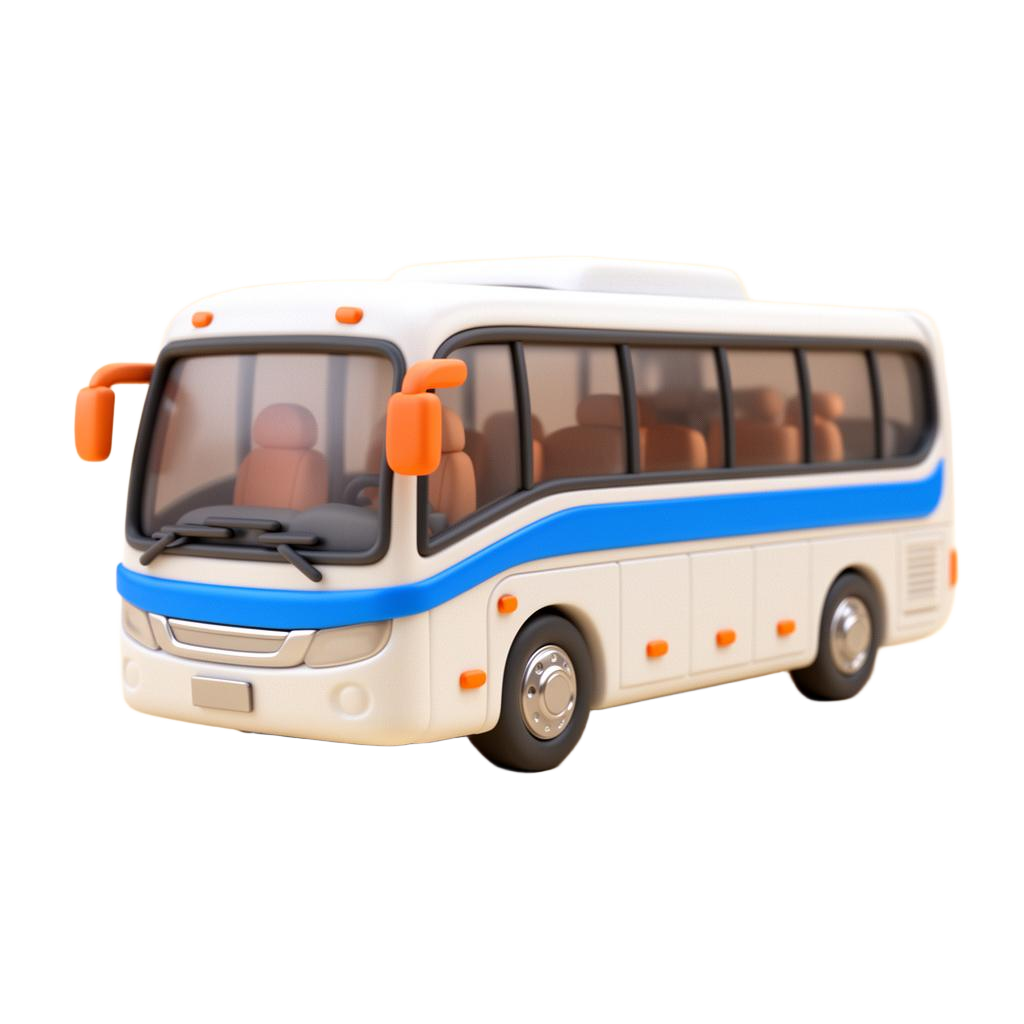 A glossy 3D illustration of a BookOurBus coach
